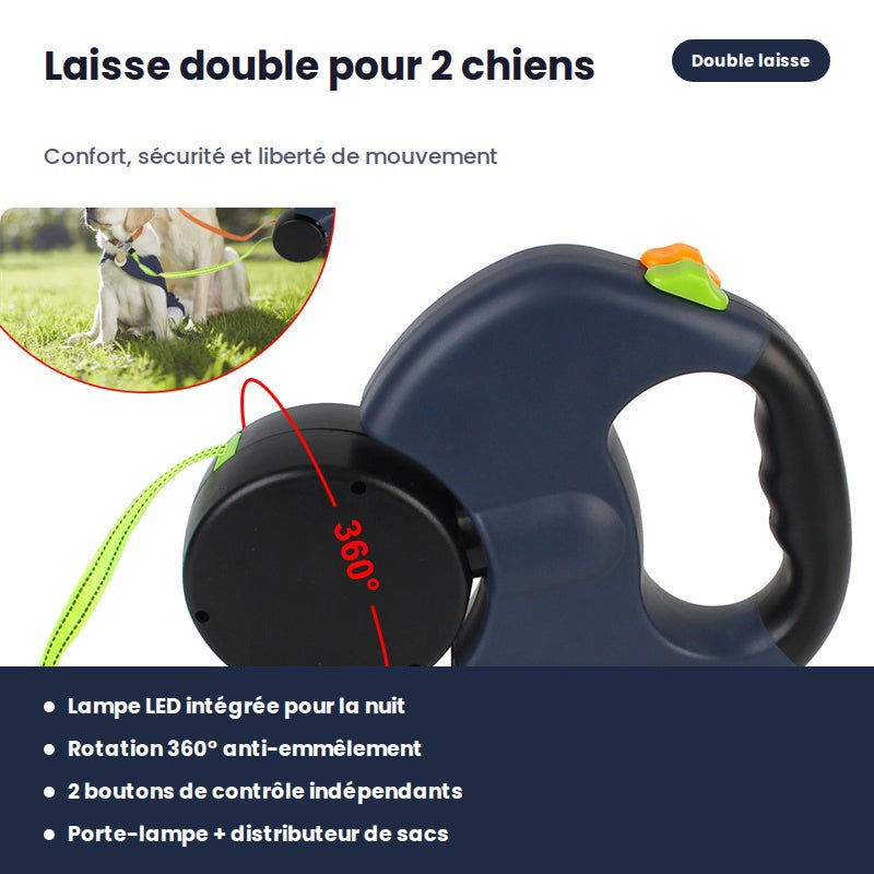 Laisse Double Rétractable pour 2 Chiens — Anti-Emmêlement & Lumineuse