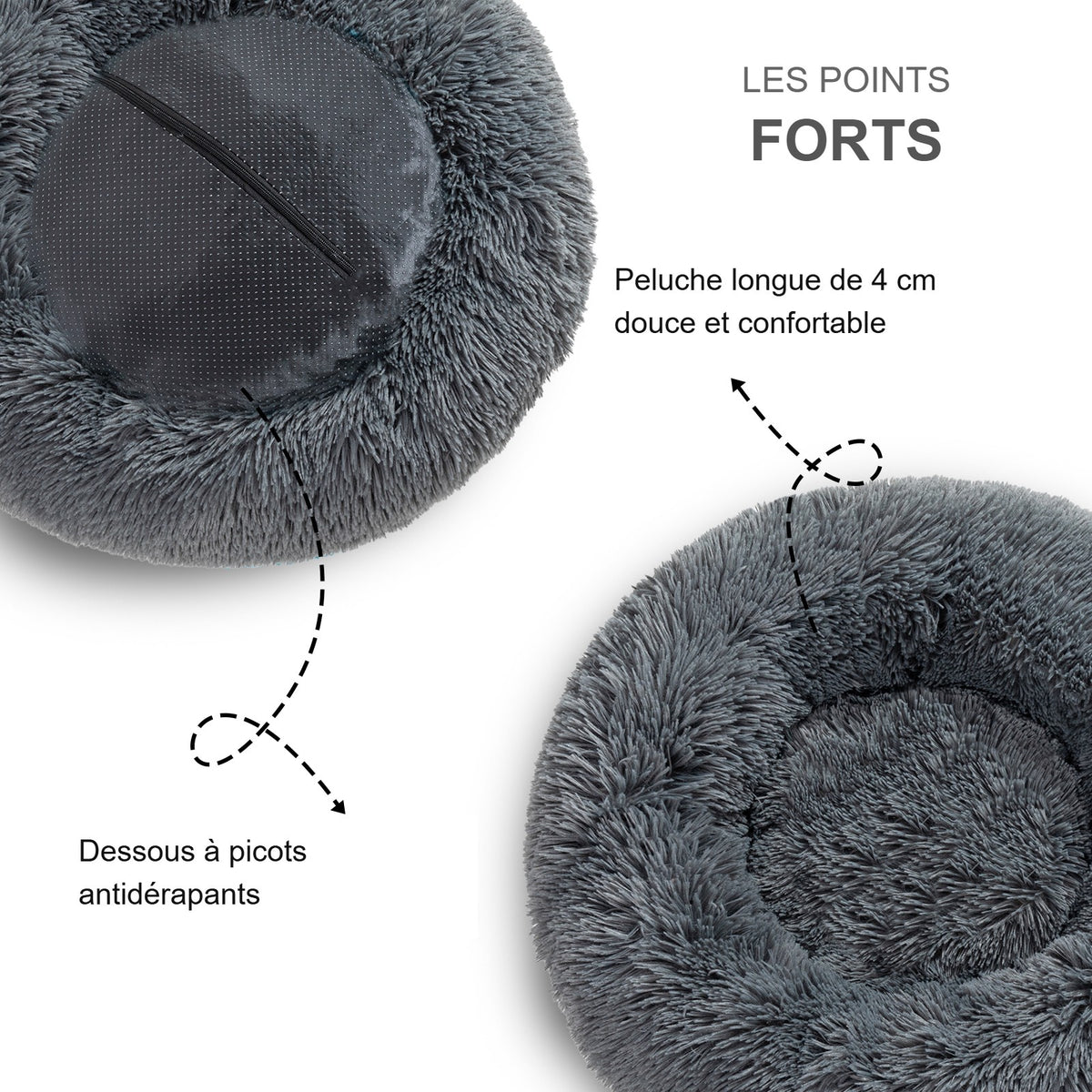 Points forts : peluche longue de 4 cm et dessous antidérapant